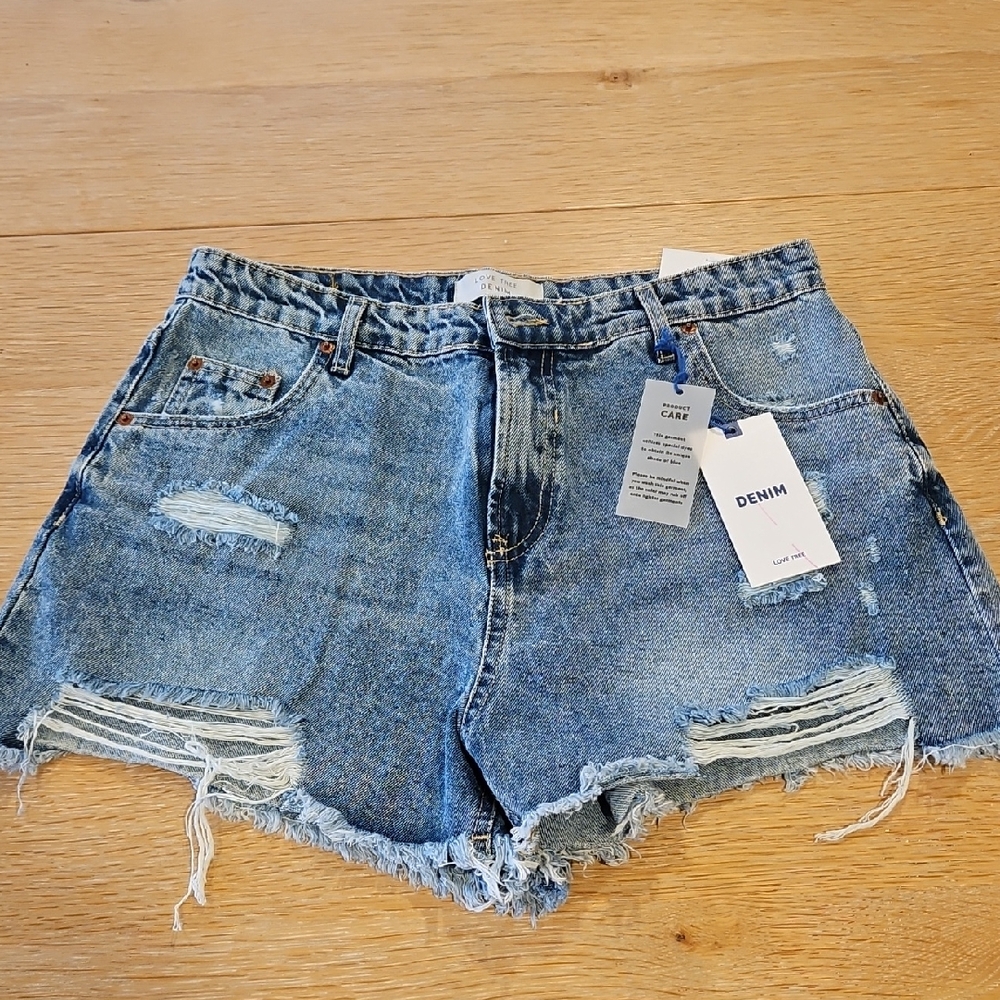 Love Tree Distressed High-Rise Denim Shorts - Blue